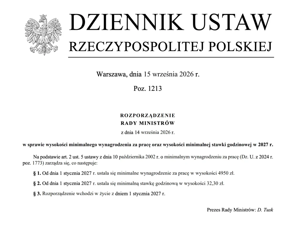 Dziennik Ustaw 2026 item 1213: regulation setting Poland's minimum wage for 2027