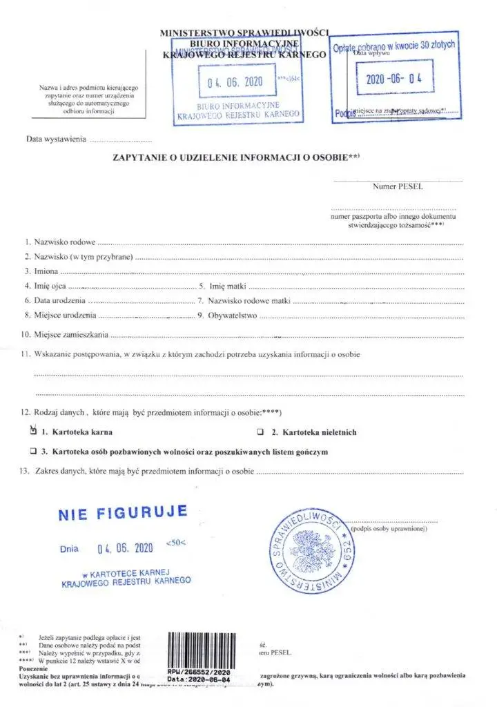 Пример справки о несудимости в Польше